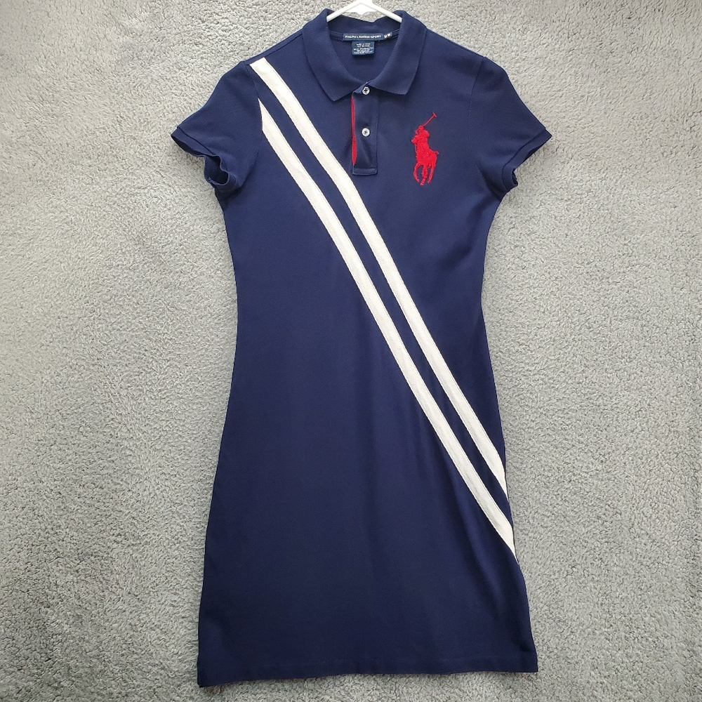 Ralph Lauren Navy Polo Dress with White Stripes and Red Logo